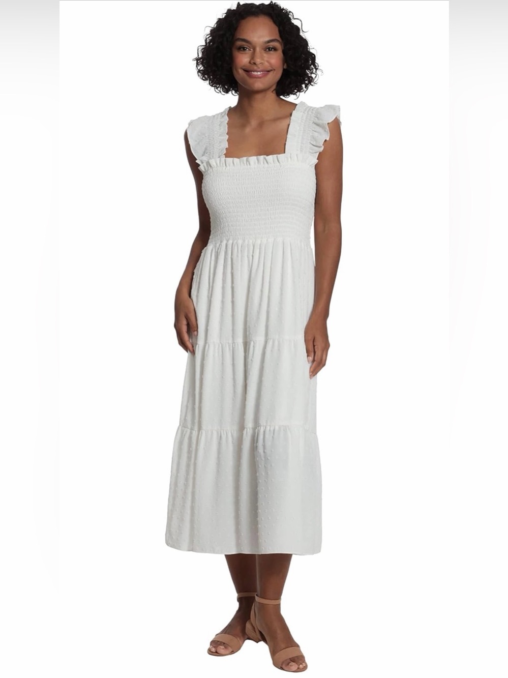 London Times Smocked Square Neck Tiered Midi Dress - White